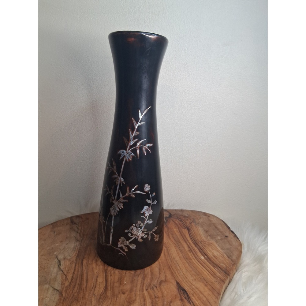 Vintage Vietnamese Black Lacquer Mother of Pearl Bamboo Floral Vase Son Mai